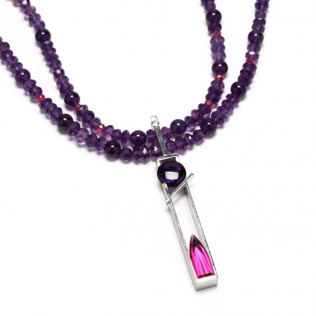 amethyst-and-spinel-bead-necklace-with-platinum-tourmaline-amethyst-and-diamond-pendant-jewelsmith