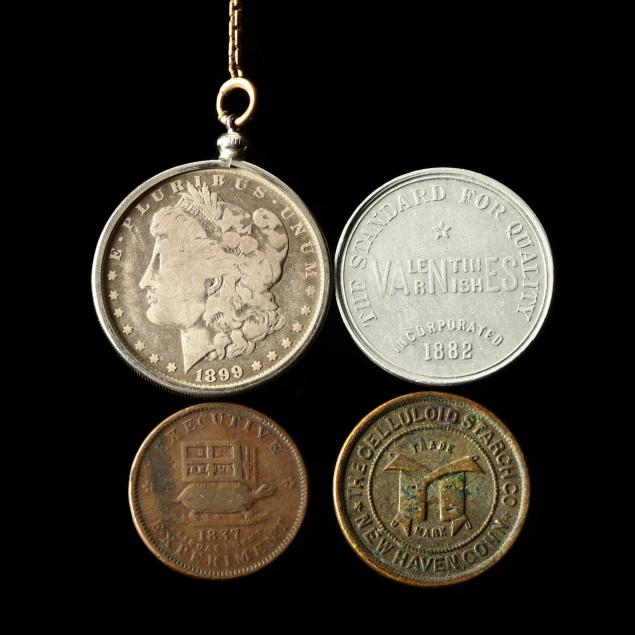 mounted-silver-dollar-and-three-tokens