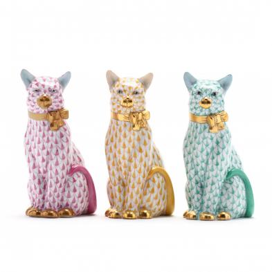 three-herend-porcelain-fishnet-seated-cats