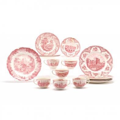 16-pieces-of-vintage-red-transferware-porcelain