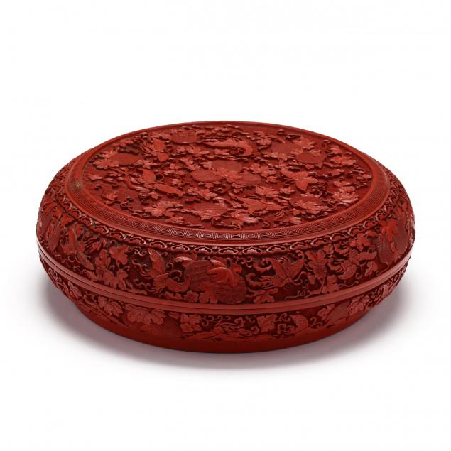 a-chinese-circular-red-cinnabar-lacquer-box-with-butterflies
