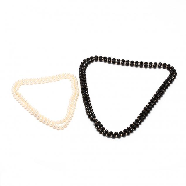 an-onyx-and-gold-bead-necklace-and-a-pearl-necklace