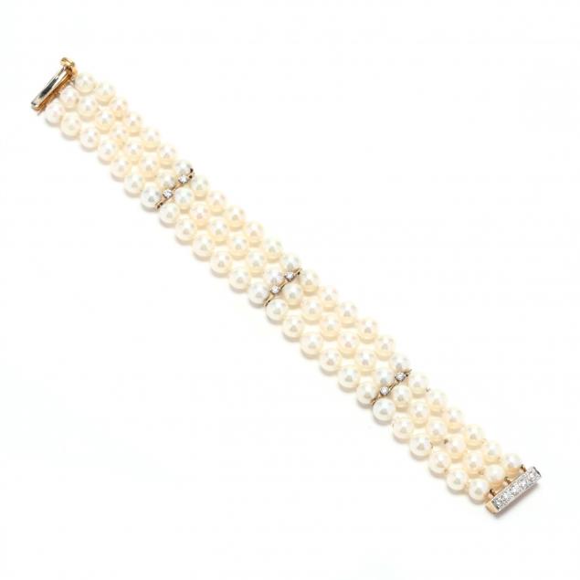 18kt-gold-and-diamond-triple-strand-pearl-bracelet