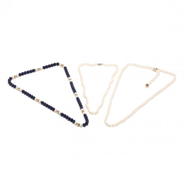 two-pearl-necklaces-and-a-lapis-pearl-and-gold-bead-necklace