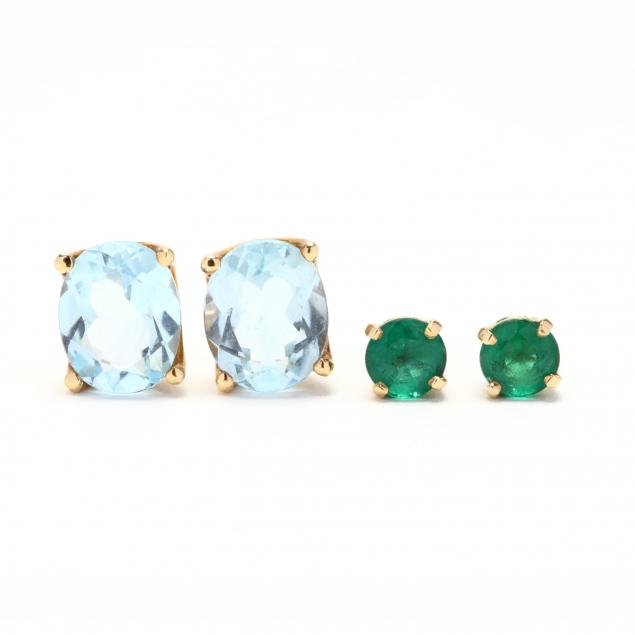 two-pairs-of-gold-and-gemstone-stud-earrings