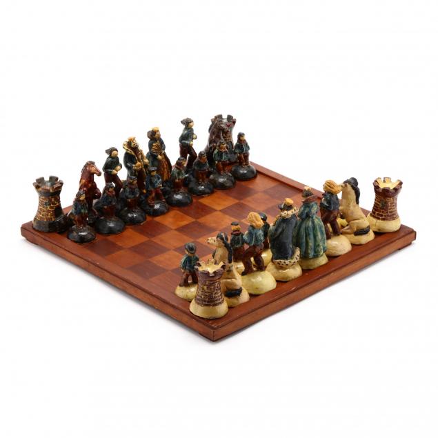folky-north-carolina-pottery-chess-set-with-custom-wooden-board