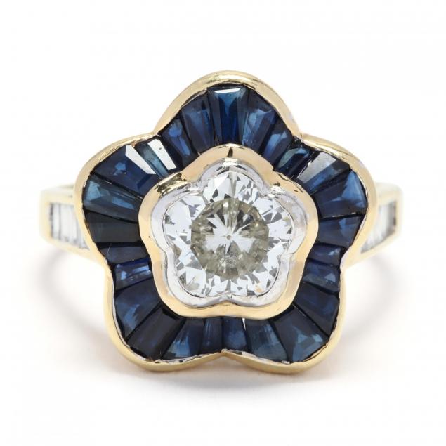 18kt-gold-flower-cut-diamond-and-sapphire-ring