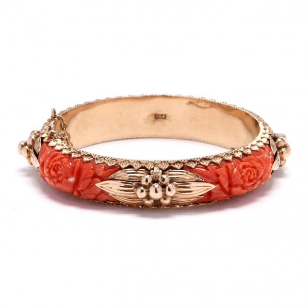 Proantic: Faceted Old Coral Bracelet, Clasp Adorned With Cabochon, 18k