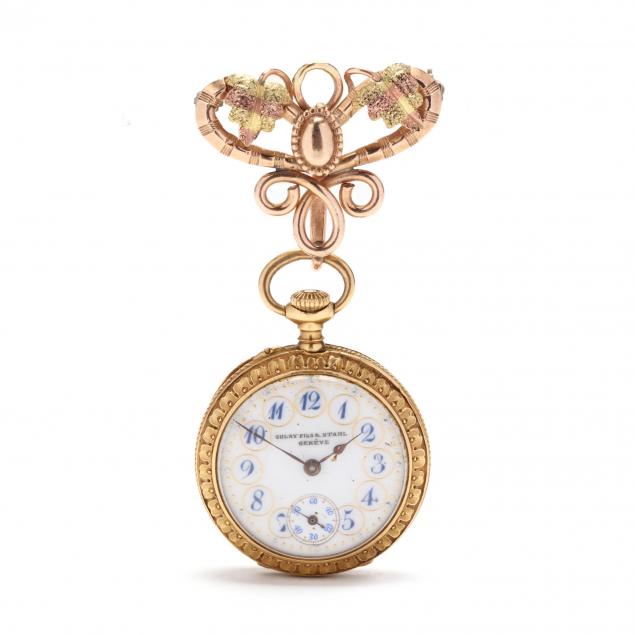 lady-s-antique-golay-fils-stahl-18kt-gold-and-enamel-pocket-watch-with-watch-brooch