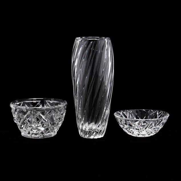 two-tiffany-crystal-bowls-and-a-steuben-vase