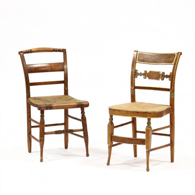 two-american-sheraton-paint-decorated-tiger-maple-side-chairs