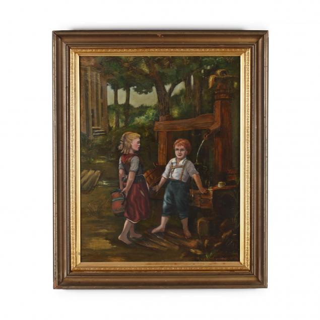 an-antique-painting-of-two-children-by-a-well