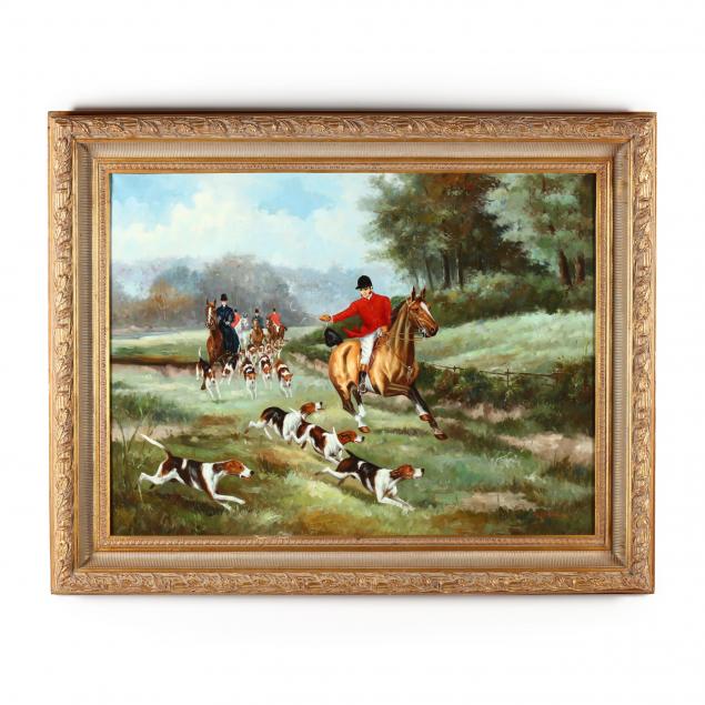 a-large-contemporary-decorative-painting-of-a-fox-hunt