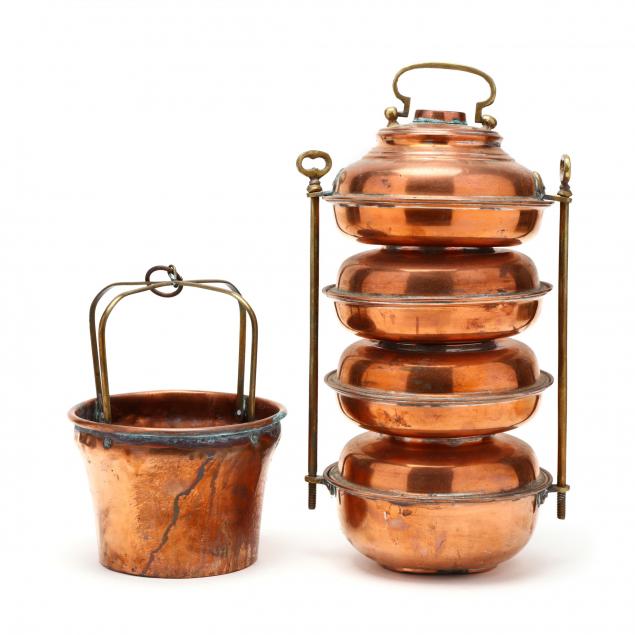a-copper-and-brass-stacked-meal-set-and-water-bucket