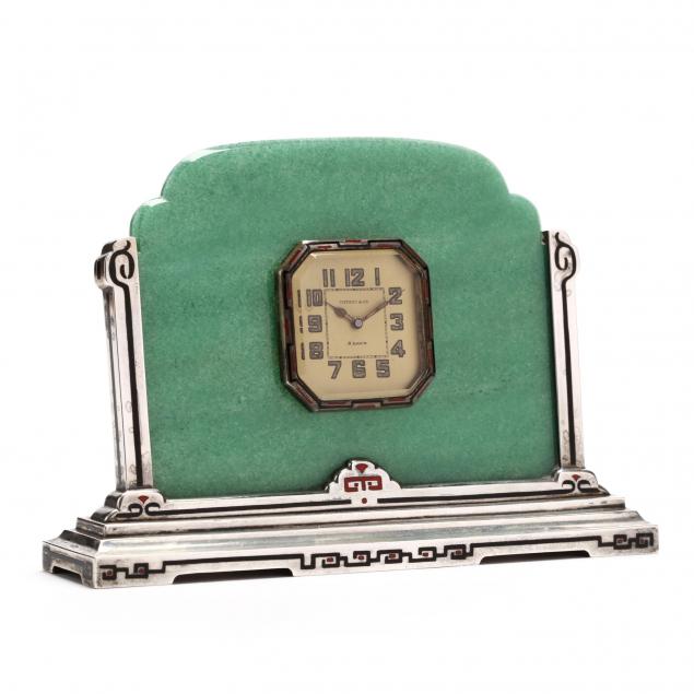 art-deco-sterling-silver-aventurine-quartz-and-enamel-table-clock-tiffany-co