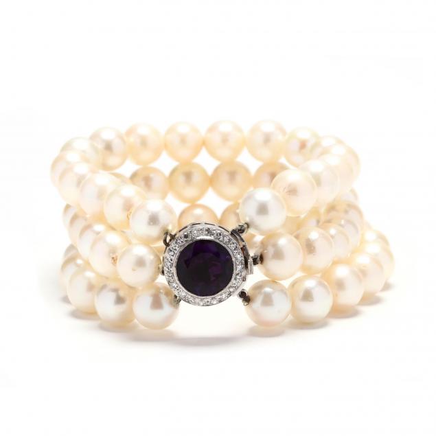 triple-strand-pearl-amethyst-diamond-bracelet