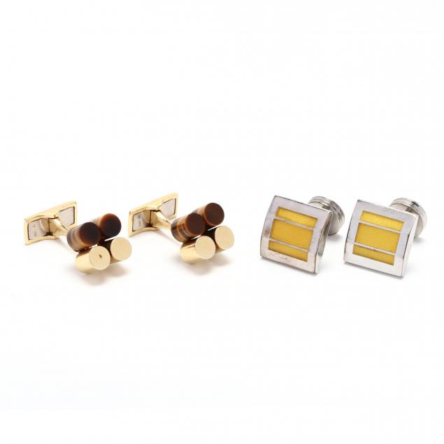 14kt-gold-tiger-s-eye-cufflinks-and-a-pair-of-rhodium-plated-and-enamel-cufflinks