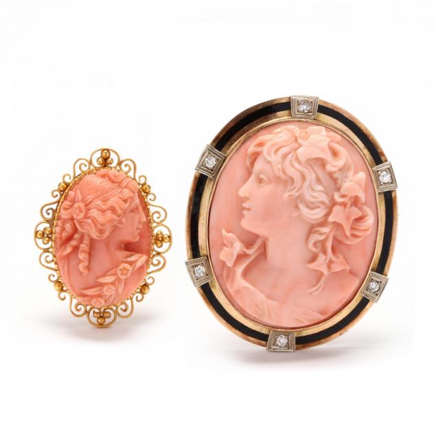 two-antique-coral-cameo-brooches-pendants