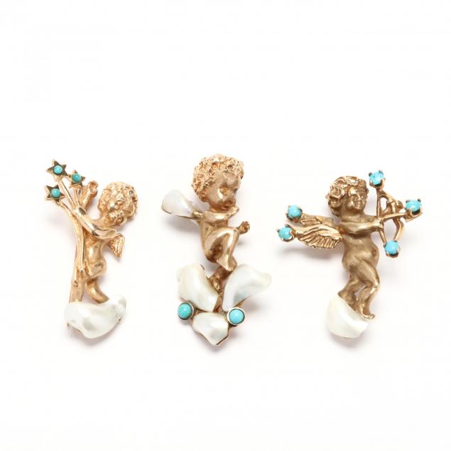 three-14kt-gold-and-gem-set-cherub-brooches-one-by-ruser