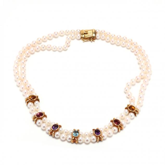 18kt-gold-double-strand-pearl-and-gem-set-choker-necklace