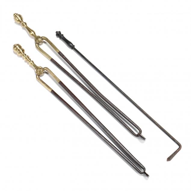 two-pair-of-antique-fireplace-tongs-and-poker