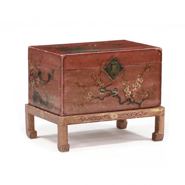 antique-chinese-painted-pigskin-trunk-on-stand