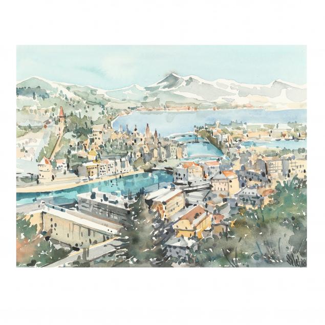 continental-school-watercolor-of-a-lakeside-town