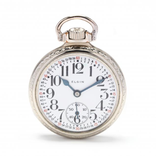 vintage-14kt-white-gold-filled-open-face-b-w-raymond-railroad-grade-pocket-watch-elgin