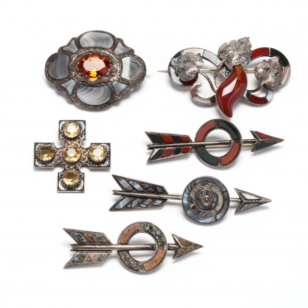group-of-vintage-scottish-silver-and-gem-set-brooches
