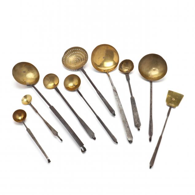 ten-antique-brass-wrought-iron-cooking-utensils
