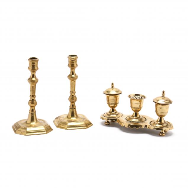 georgian-brass-standish-and-pair-of-candlesticks