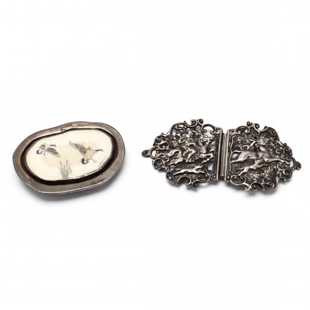 two-ladies-silver-belt-buckles-with-hunt-motifs