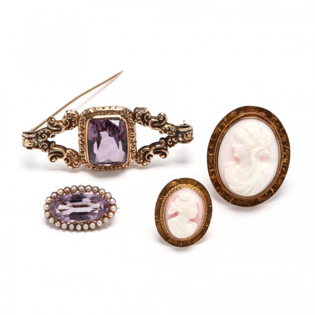 four-antique-gold-and-gem-set-brooches