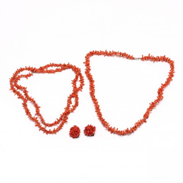two-vintage-coral-necklaces-and-a-pair-of-ear-clips