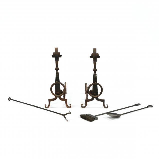 vintage-continental-wrought-iron-andirons-and-fireplace-tools