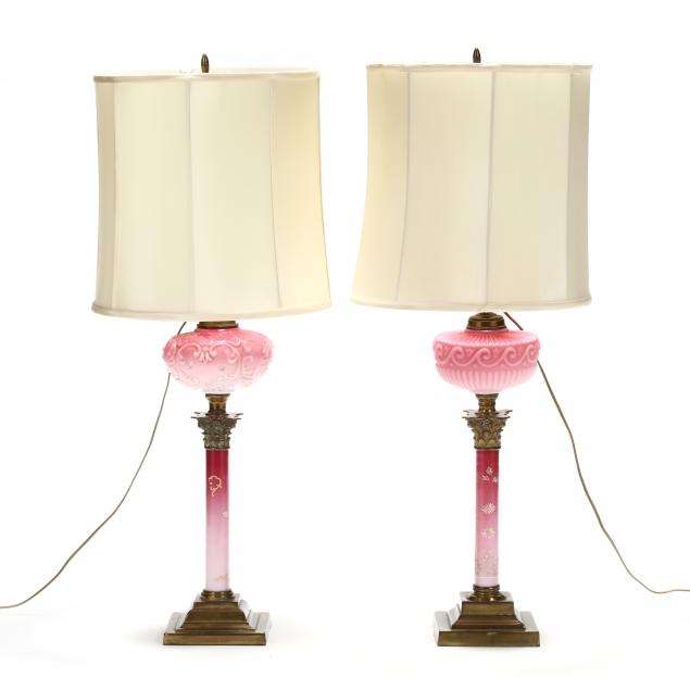 near-pair-of-antique-american-cranberry-glass-converted-oil-lamps