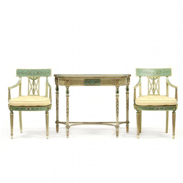maitland-smith-adam-style-painted-console-and-two-chairs