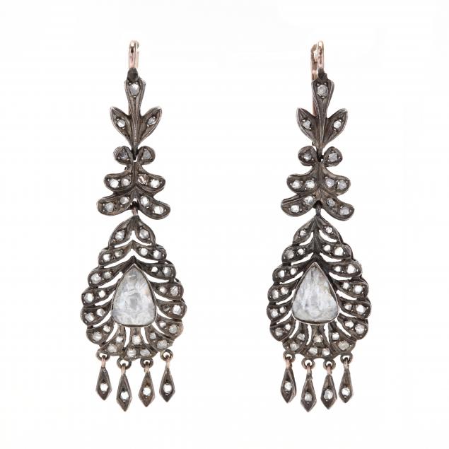 antique-silver-topped-gold-diamond-pendant-earrings