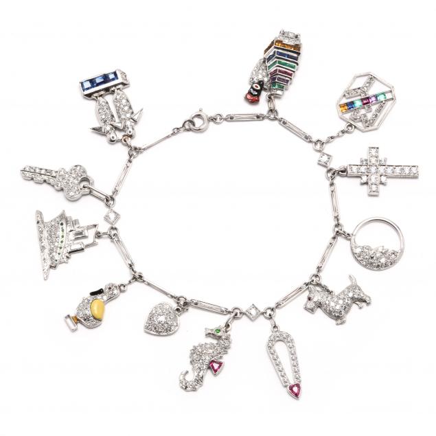 art-deco-platinum-and-diamond-charm-bracelet