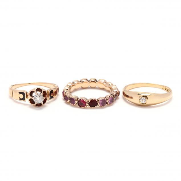 three-antique-gold-and-gem-set-rings