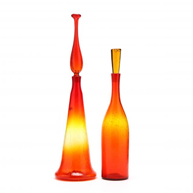 blenko-two-large-amberina-crackle-decanters