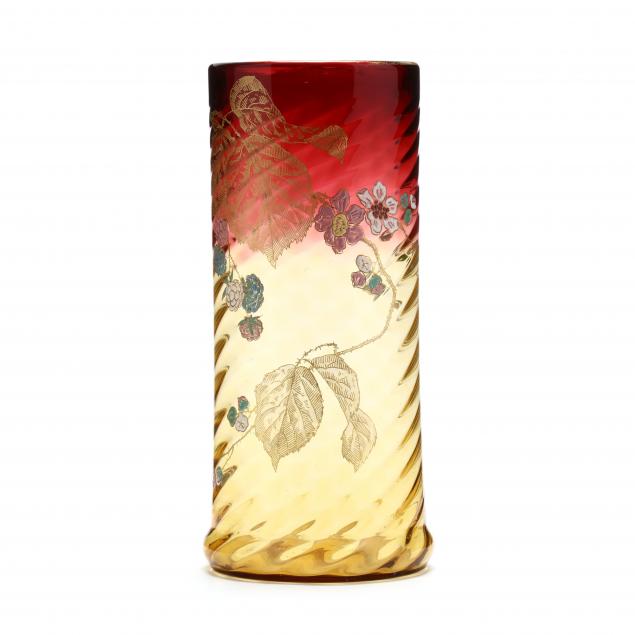 att-moser-tall-enameled-amberina-glass-vase