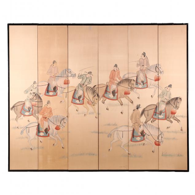 an-asian-six-panel-screen-with-men-on-horseback