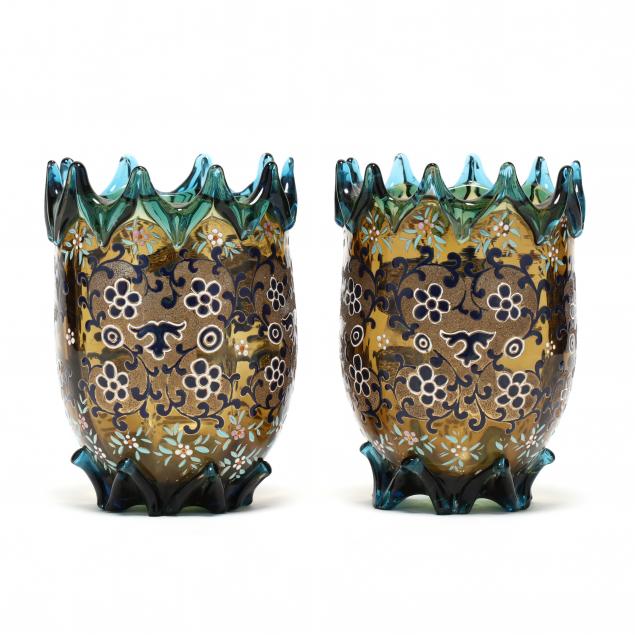 moser-harrach-pair-of-enameled-colored-glass-vases