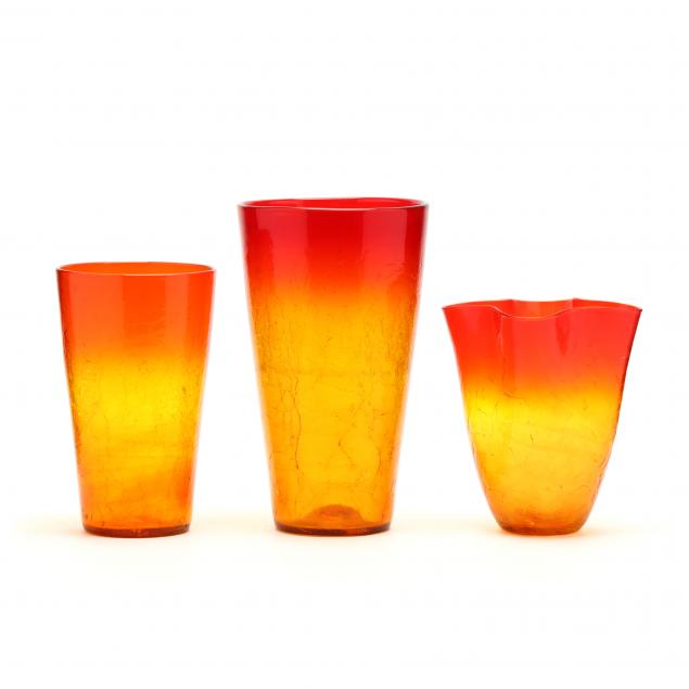 blenko-three-amberina-crackle-glass-vases