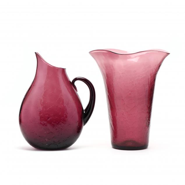 blenko-large-purple-crackle-glass-vase-and-pitcher