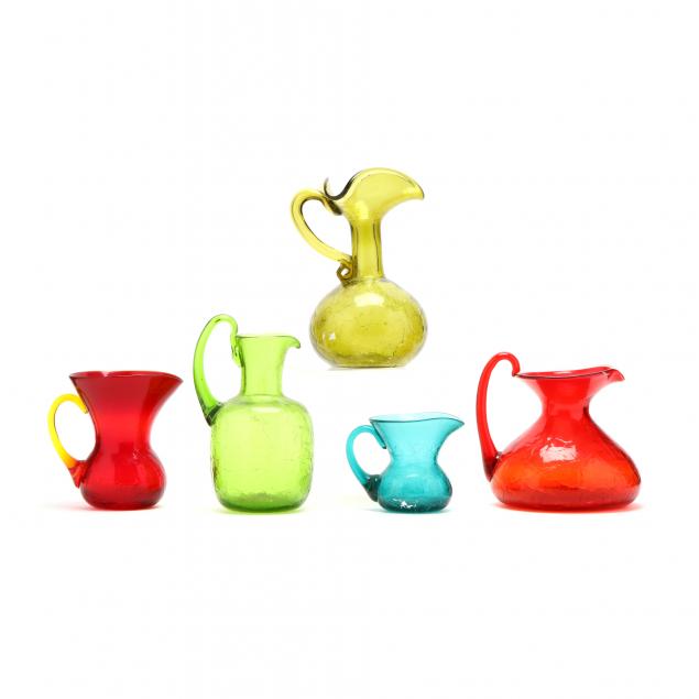 blenko-five-crackle-glass-pitchers