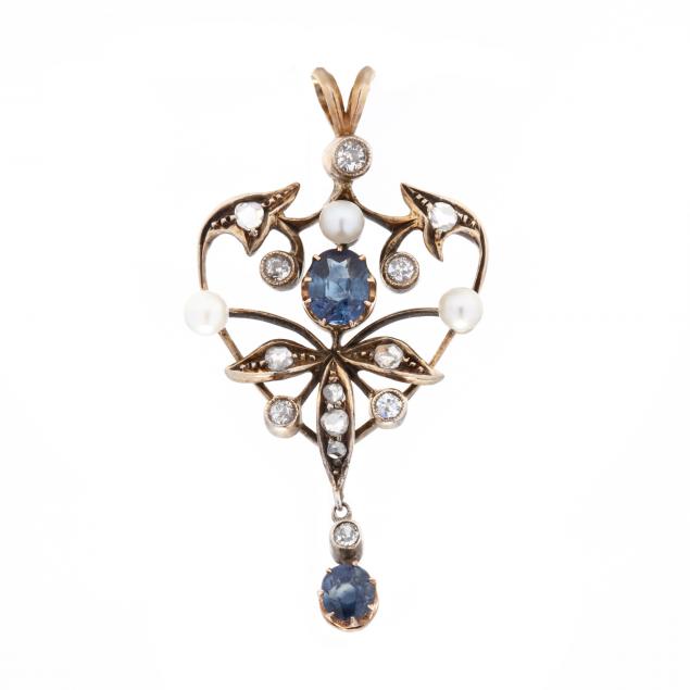 antique-gold-sapphire-diamond-and-pearl-pendant