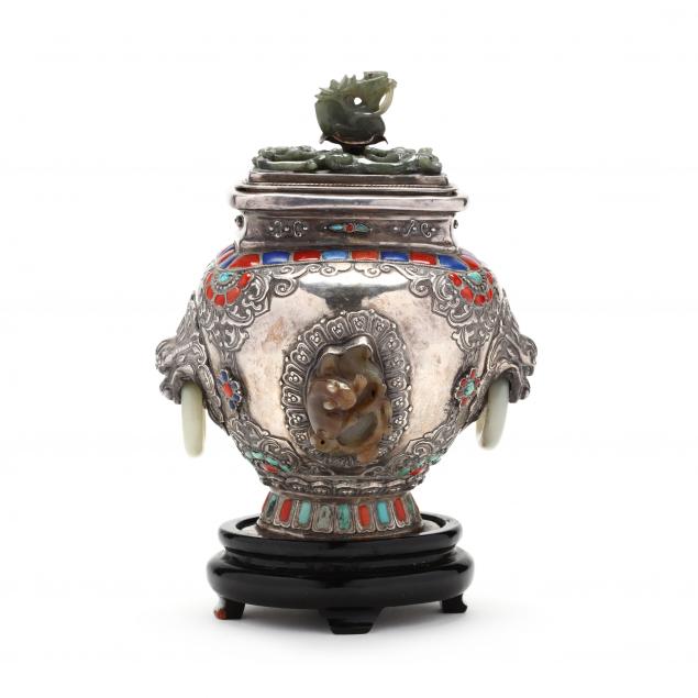 a-chinese-mongolian-silver-and-jade-inlaid-jar-with-cover