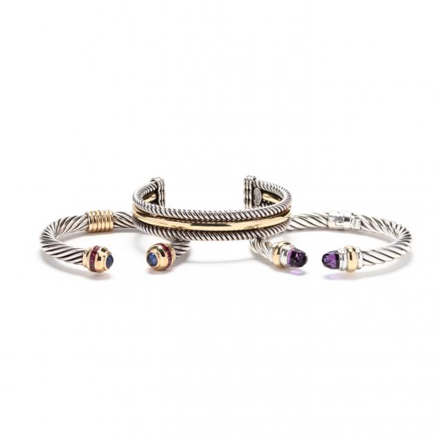 three-14kt-gold-and-sterling-silver-gem-set-bracelets